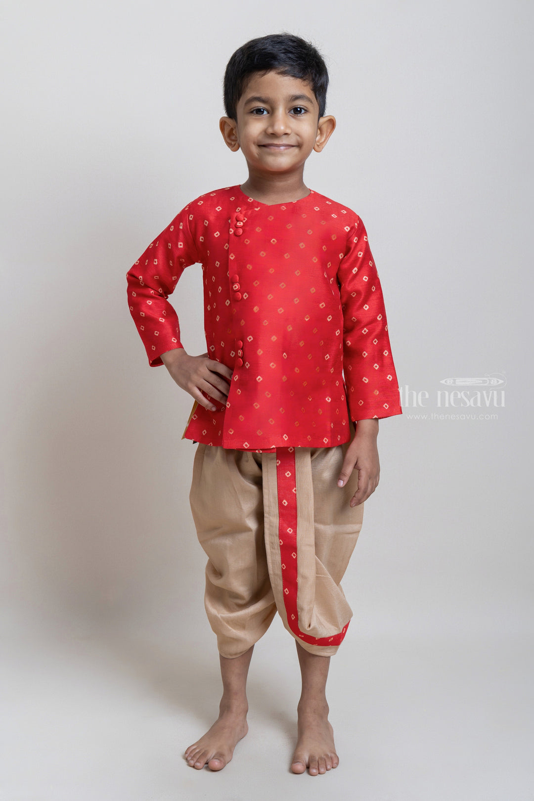 The Nesavu Boys Dothi Set Elegant Cherry Red Ethnic Kuta With Contrast Dhoti For Boys Nesavu 10 (NB) / Red / Chanderi BES287-10 Ethnic Wear Collection for Boys | Premium Kurta set | The Nesavu