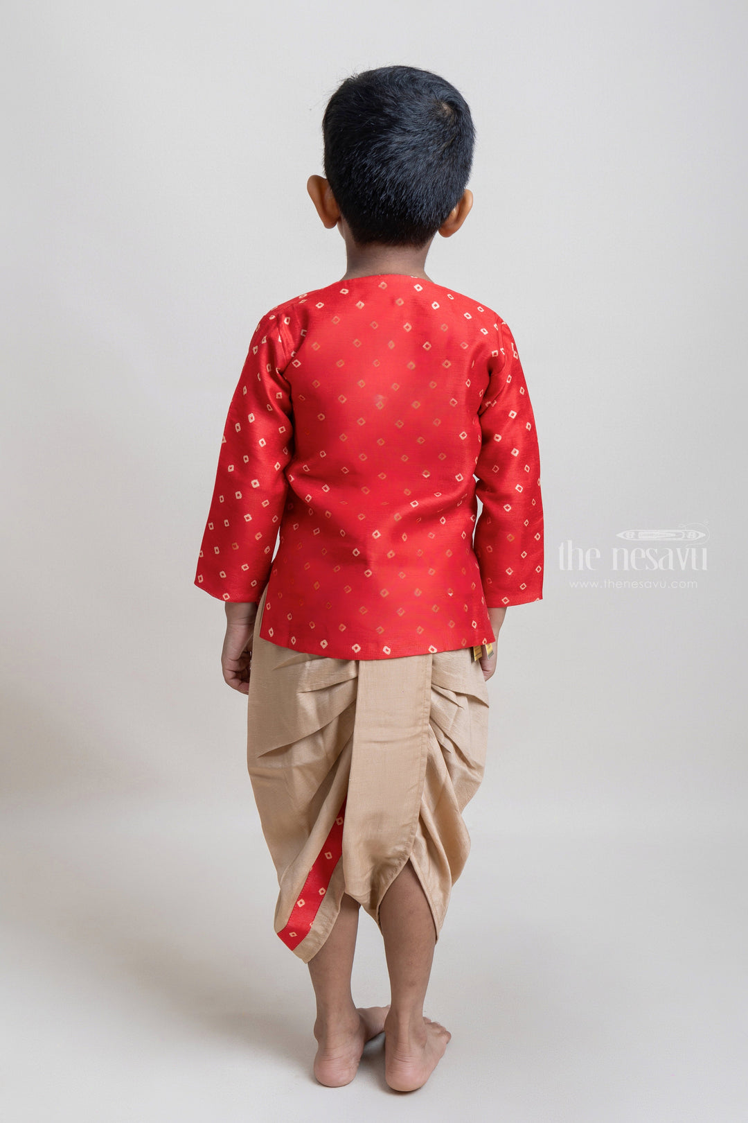 The Nesavu Boys Dothi Set Elegant Cherry Red Ethnic Kuta With Contrast Dhoti For Boys Nesavu Ethnic Wear Collection for Boys | Premium Kurta set | The Nesavu