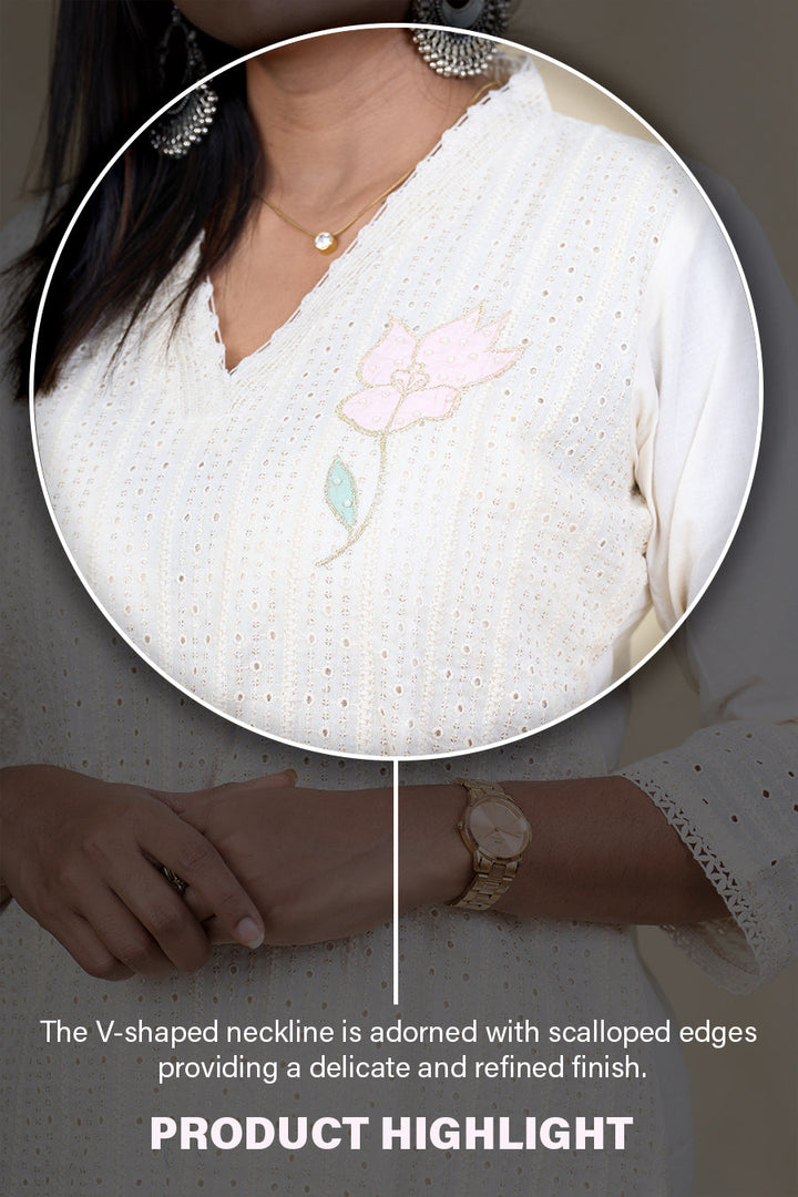 The Nesavu Womens Straight Suit Sets Elegant Chikankari Cotton Kurta Set with Zari Embroidery and Dupatta Nesavu Chikankari Cotton Kurta Set for Women Zari Embroidered Casual Suit | The Nesavu