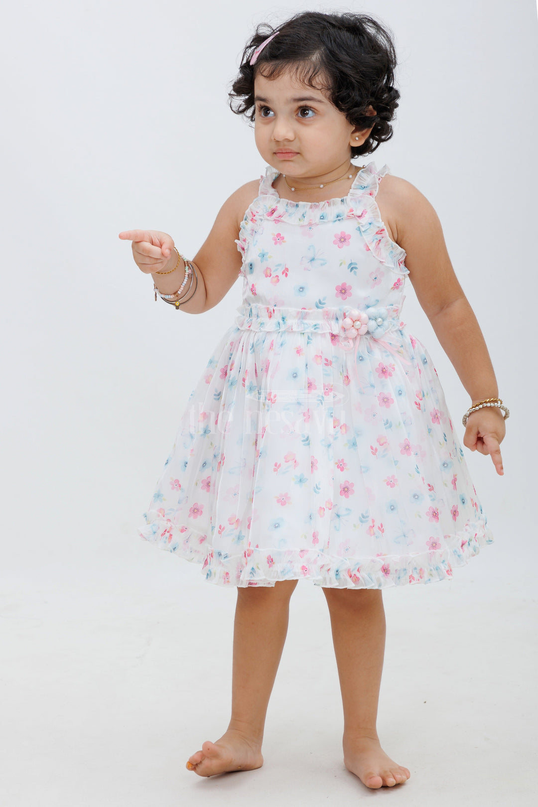 The Nesavu Baby Fancy Frock Elegant Chikankari Frock - Sleeveless Organza Printed Baby Dress Nesavu 14 (6M) / White BFJ581A-14 Elegant Chikankari Frock - Nesavu | Organza Printed Baby Dress