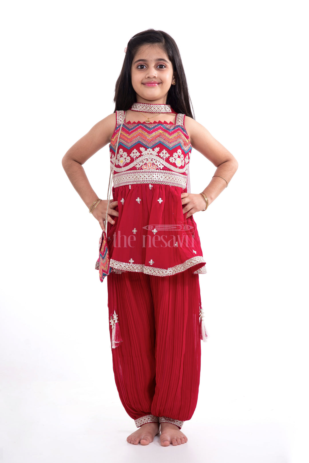 The Nesavu Girls Sharara / Plazo Set Elegant Children’s Fancy Dress - Embroidered Peplum Outfit Nesavu 18 (2Y) / Maroon GPS331B-18 Elegant Children’s Fancy Dress - Nesavu | Embroidered Peplum Outfit