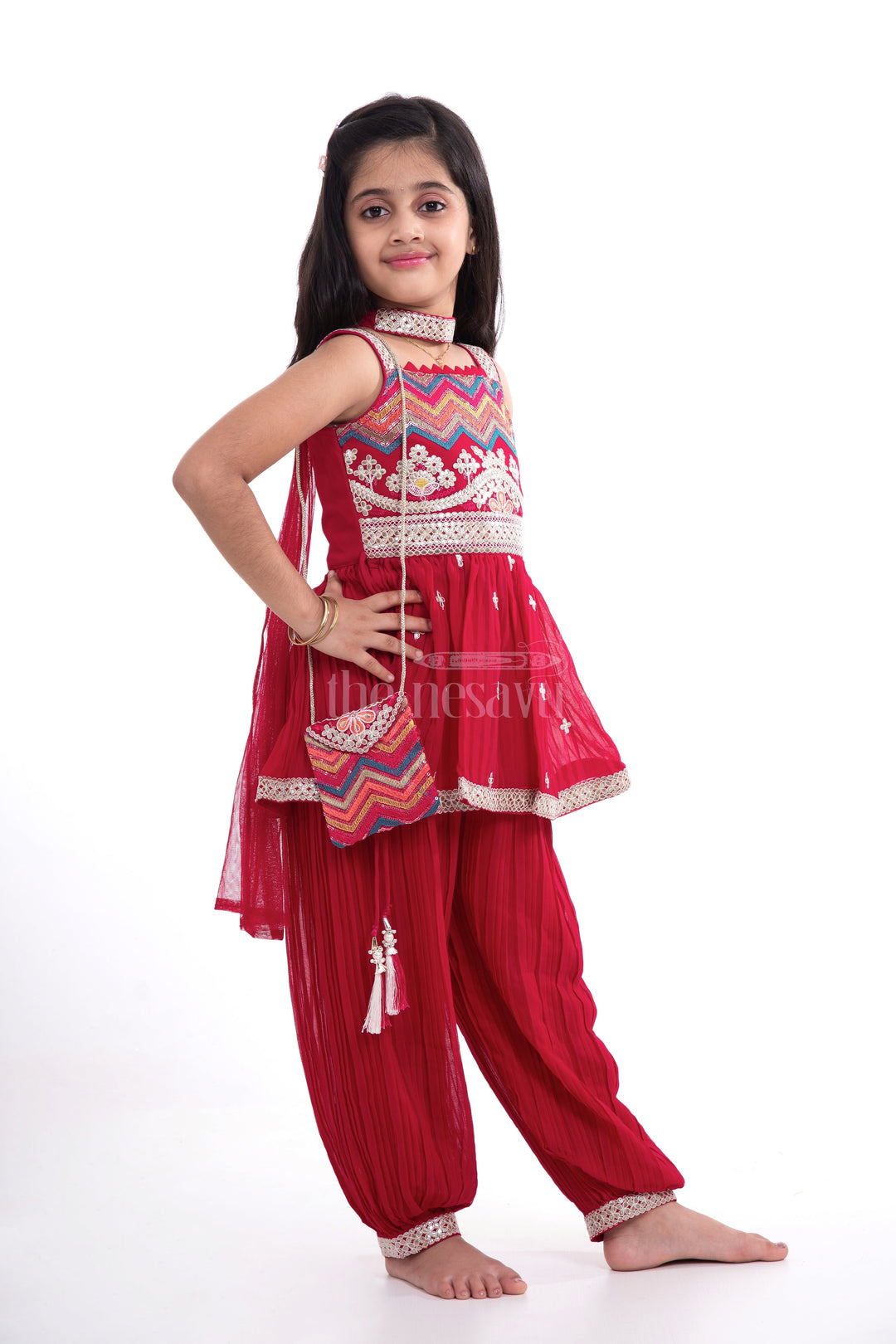 The Nesavu Girls Sharara / Plazo Set Elegant Children’s Fancy Dress - Embroidered Peplum Outfit Nesavu Elegant Children’s Fancy Dress - Nesavu | Embroidered Peplum Outfit