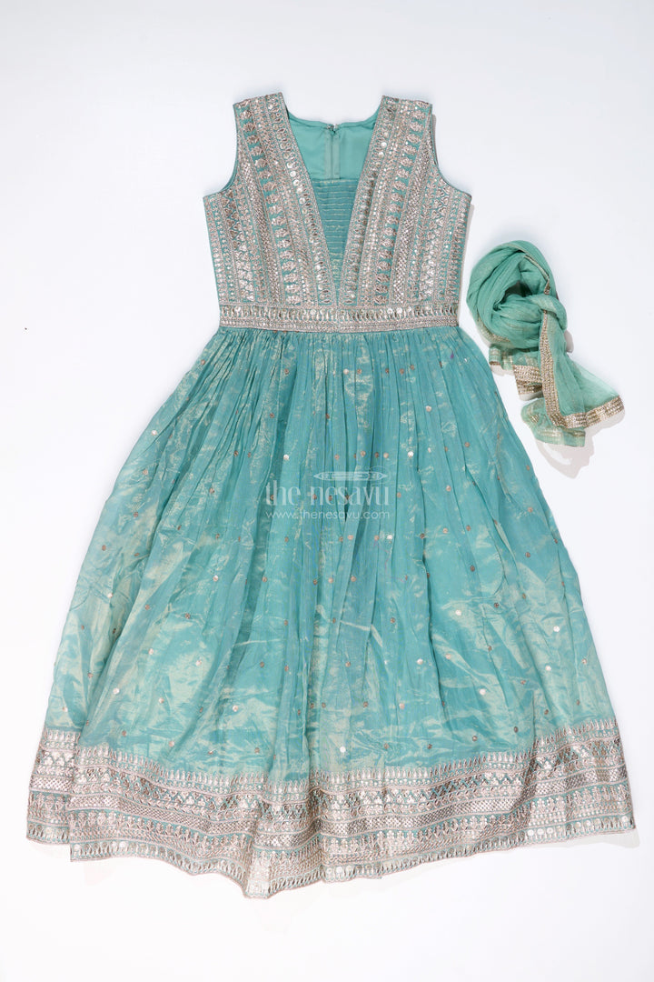 The Nesavu Girls Churidar Sets Elegant Churidar Sleeves Kurta Set for Girls with Shimmering Chinon Silk and Embellished Dupatta Nesavu 32 (9Y) / Green GPS532A-32 Elegant Churidar Sleeves Kurta Set Girls Shimmering Chinon Silk Embellished Dupatta | The Nesavu