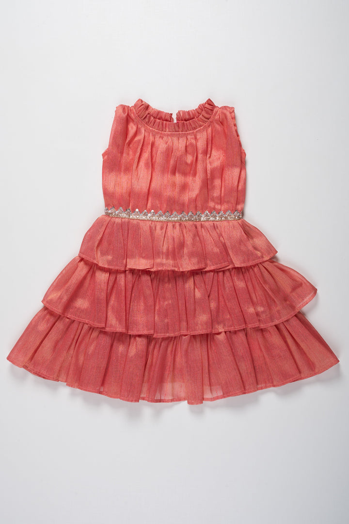 The Nesavu Party Frock Elegant Coral Tiered Baby Dress with Embroidered Waistband Nesavu 16 (1Y) / Orange PF187C-16 Coral Tiered Baby Dress with Embroidered Waistband | Baby Fashion