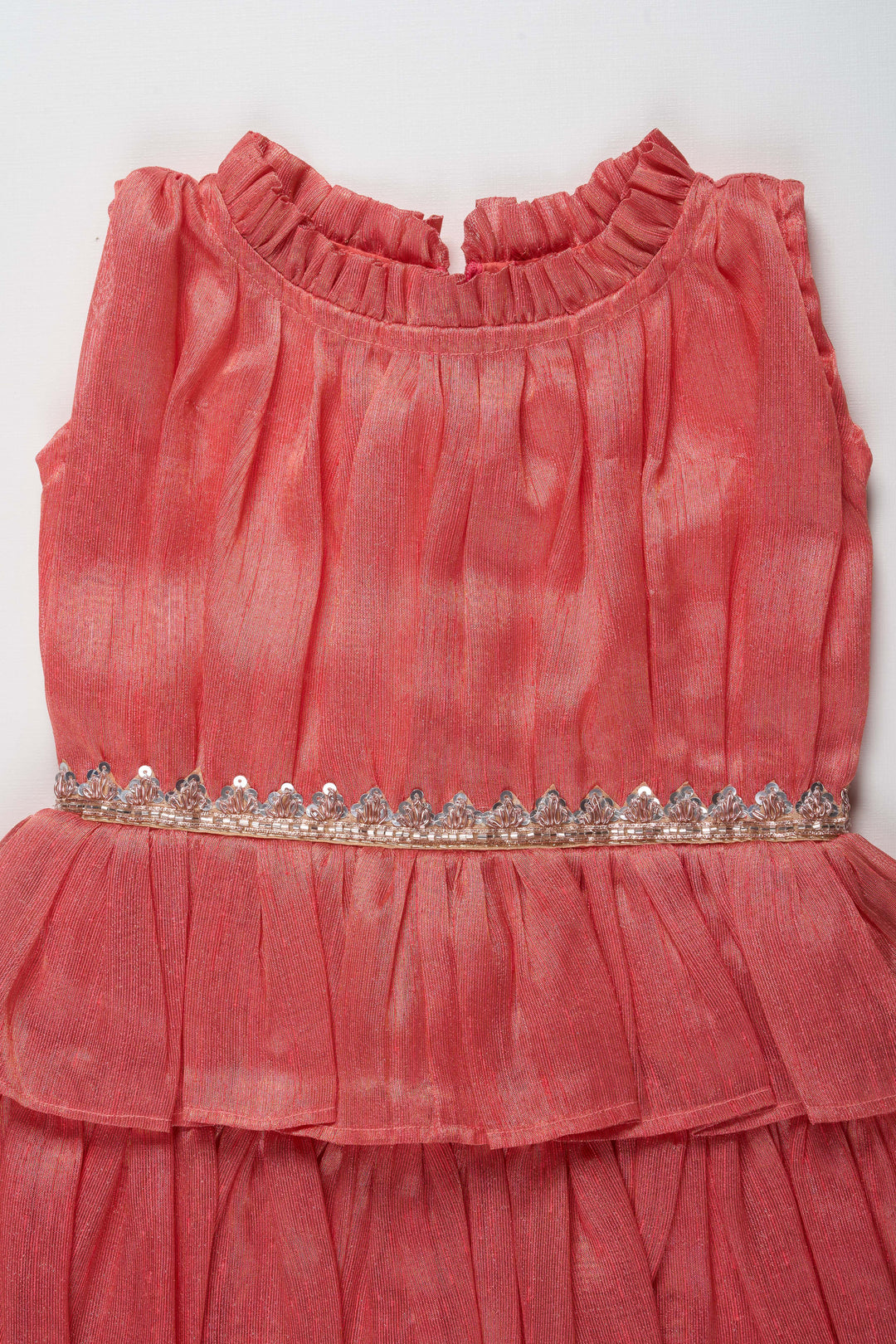 The Nesavu Party Frock Elegant Coral Tiered Baby Dress with Embroidered Waistband Nesavu Coral Tiered Baby Dress with Embroidered Waistband | Baby Fashion