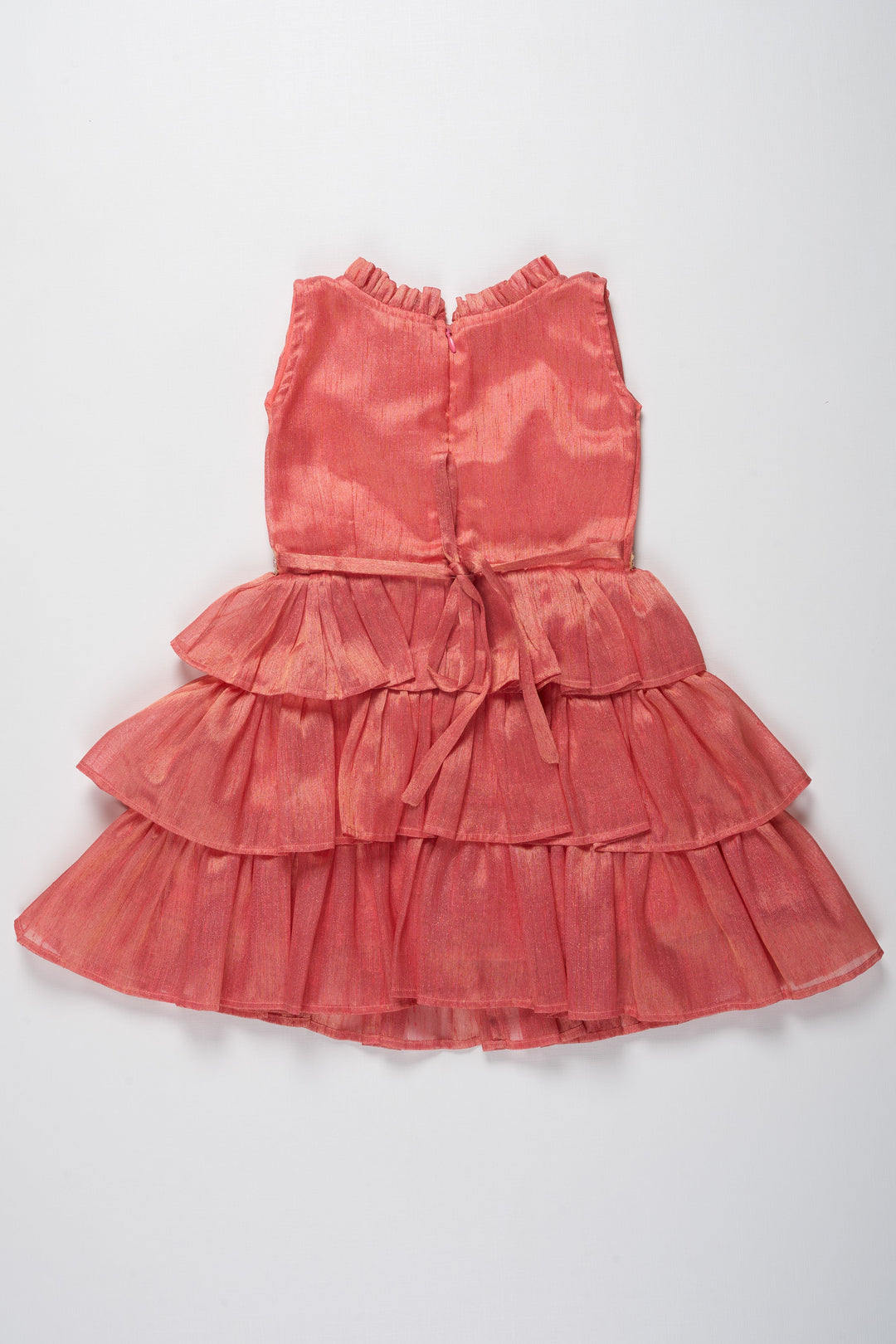 The Nesavu Party Frock Elegant Coral Tiered Baby Dress with Embroidered Waistband Nesavu Coral Tiered Baby Dress with Embroidered Waistband | Baby Fashion