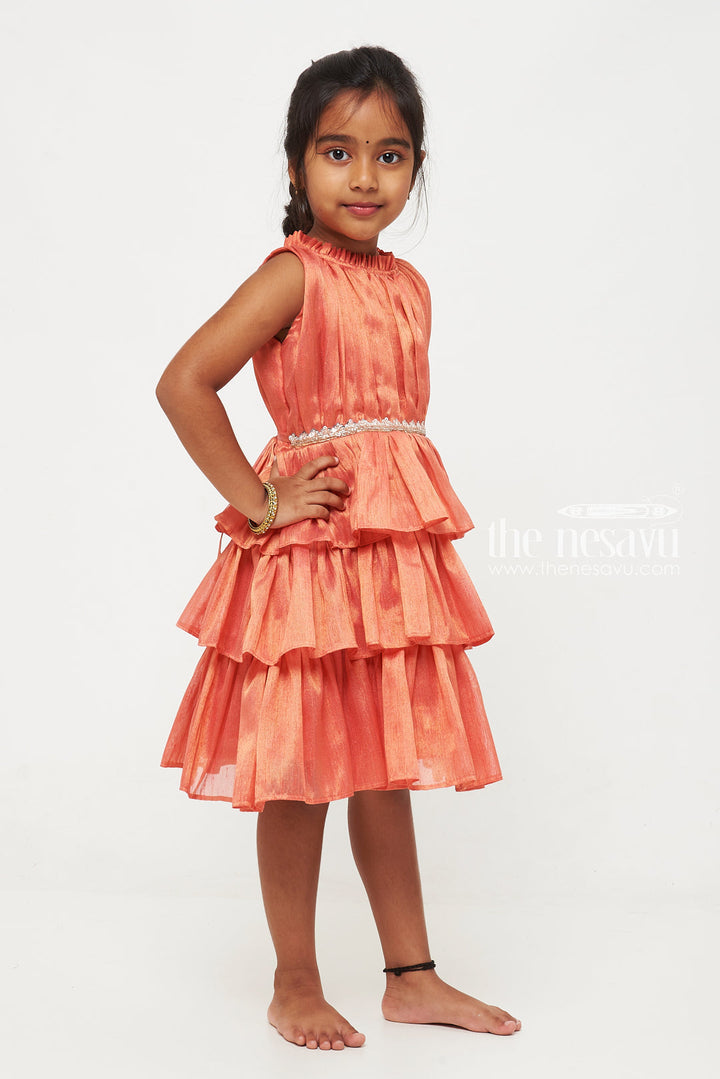 The Nesavu Party Frock Elegant Coral Tiered Baby Dress with Embroidered Waistband Nesavu Coral Tiered Baby Dress with Embroidered Waistband | Baby Fashion