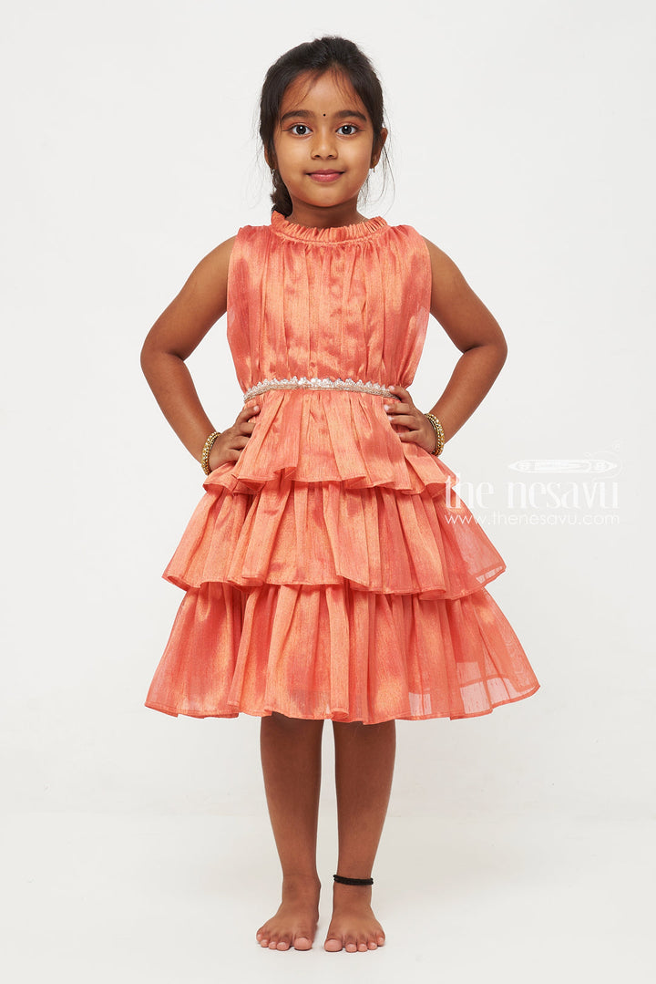 The Nesavu Party Frock Elegant Coral Tiered Baby Dress with Embroidered Waistband Nesavu Coral Tiered Baby Dress with Embroidered Waistband | Baby Fashion