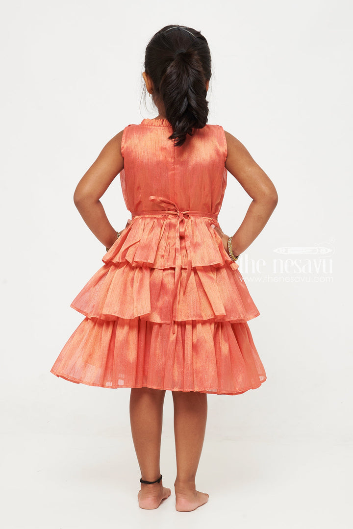 The Nesavu Party Frock Elegant Coral Tiered Baby Dress with Embroidered Waistband Nesavu Coral Tiered Baby Dress with Embroidered Waistband | Baby Fashion