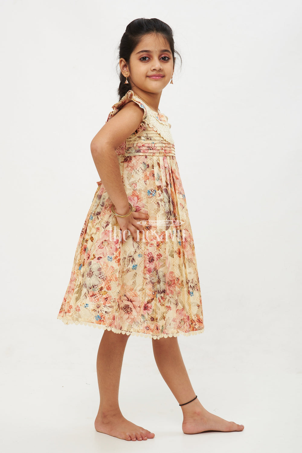 The Nesavu Girls Cotton Frock Elegant Cotton Midi Frock - Sleeveless Designer Dress with Floral Prints Nesavu Elegant Cotton Midi Frock - Nesavu | Sleeveless Designer Dress with Floral Prints