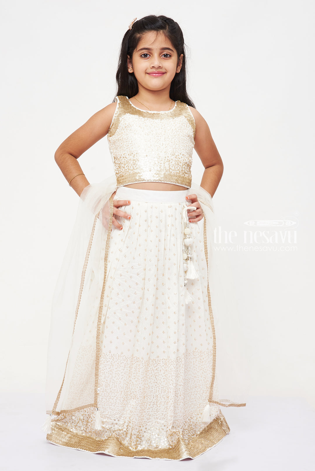 The Nesavu Girls Lehenga Choli Elegant Cream and Gold Sleeveless Gown for Girls Nesavu Elegant Cream and Gold Sleeveless Gown for Girls - Stunning & Comfortable