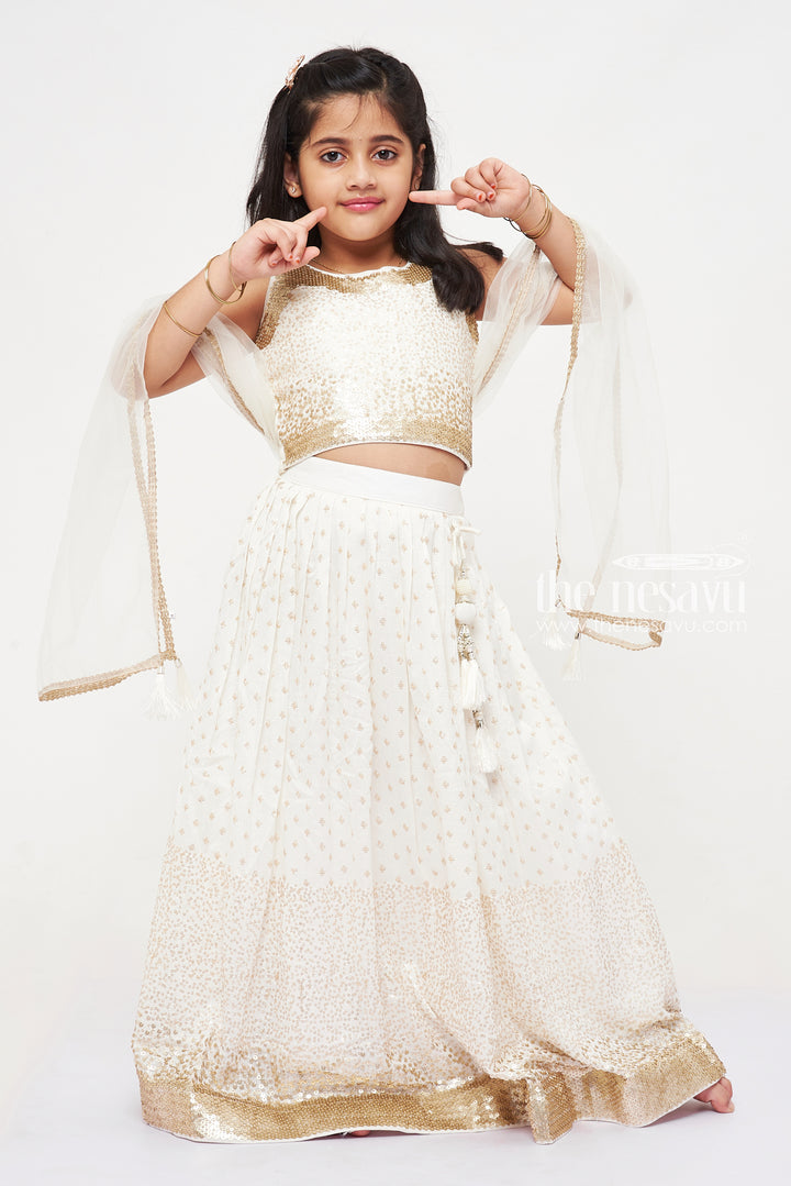 The Nesavu Girls Lehenga Choli Elegant Cream and Gold Sleeveless Gown for Girls Nesavu Elegant Cream and Gold Sleeveless Gown for Girls - Stunning & Comfortable