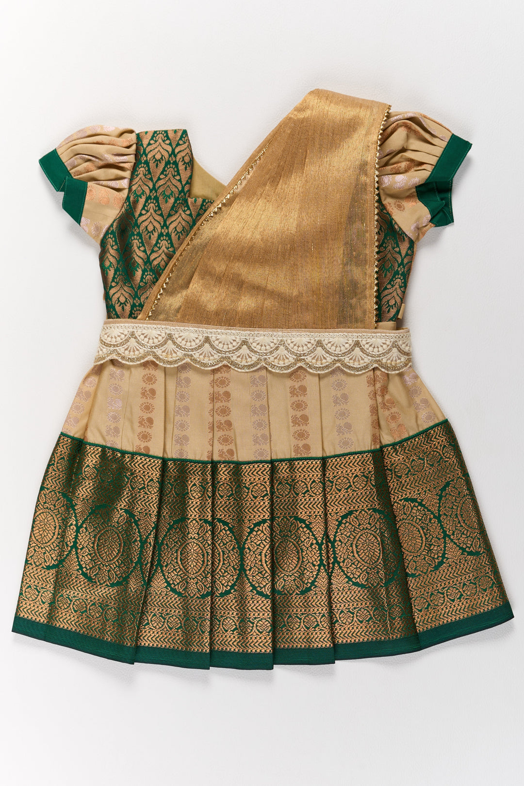 The Nesavu Girls Kanchi Silk Frock Elegant Cream and Green Pattu Pavadai for Girls with Traditional Zari Accents Nesavu 14 (6M) / Cream / Style 1 SF845AA-14 Elegant Cream Green Pattu Pavadai Girls Traditional Zari Accents | The Nesavu