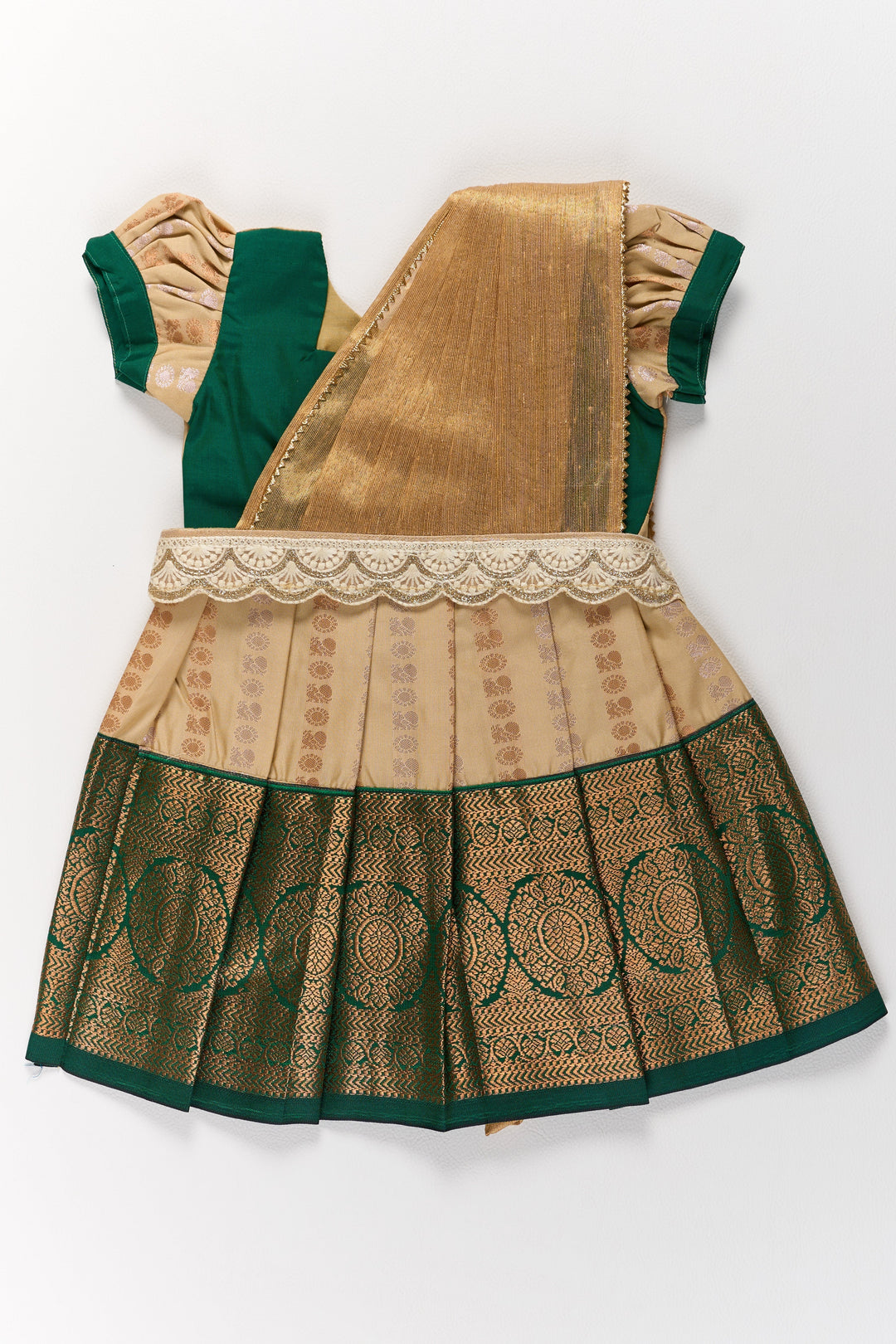 The Nesavu Girls Kanchi Silk Frock Elegant Cream and Green Pattu Pavadai for Girls with Traditional Zari Accents Nesavu 14 (6M) / Cream / Style 3 SF845AC-14 Elegant Cream Green Pattu Pavadai Girls Traditional Zari Accents | The Nesavu