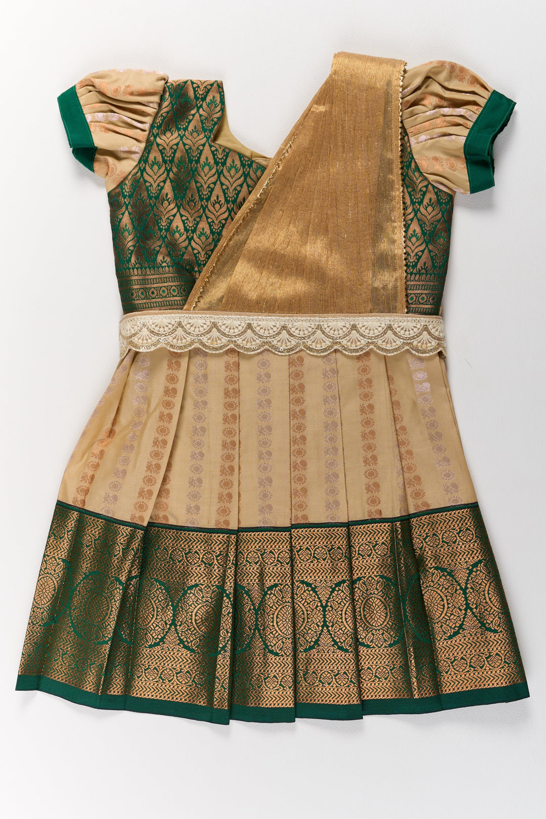 The Nesavu Girls Kanchi Silk Frock Elegant Cream and Green Pattu Pavadai for Girls with Traditional Zari Accents Nesavu 20 (3Y) / Cream / Style 2 SF845AB-20 Elegant Cream Green Pattu Pavadai Girls Traditional Zari Accents | The Nesavu