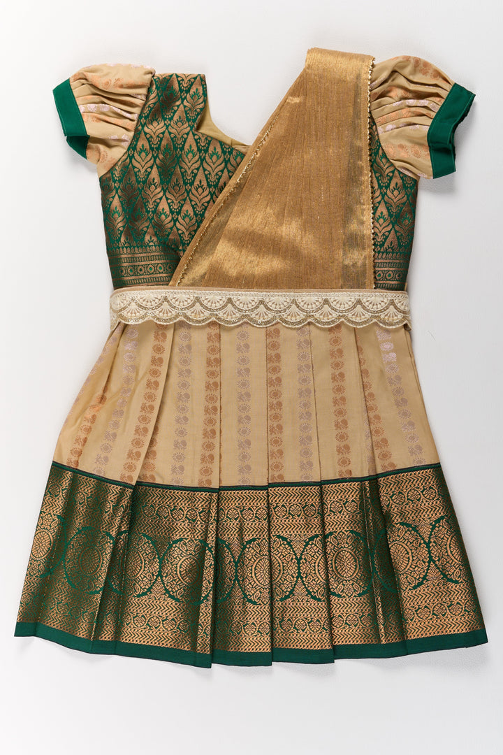 The Nesavu Girls Kanchi Silk Frock Elegant Cream and Green Pattu Pavadai for Girls with Traditional Zari Accents Nesavu 20 (3Y) / Cream / Style 2 SF845AB-20 Elegant Cream Green Pattu Pavadai Girls Traditional Zari Accents | The Nesavu