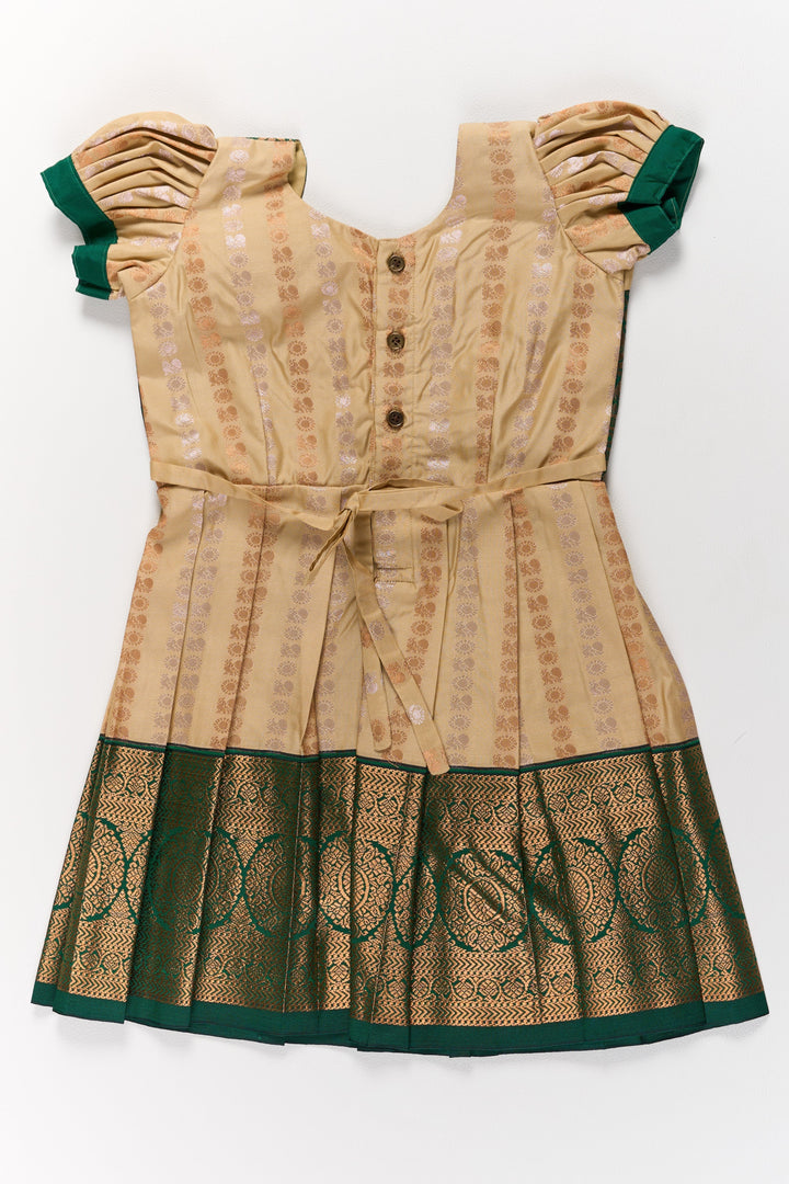 The Nesavu Girls Kanchi Silk Frock Elegant Cream and Green Pattu Pavadai for Girls with Traditional Zari Accents Nesavu Elegant Cream Green Pattu Pavadai Girls Traditional Zari Accents | The Nesavu
