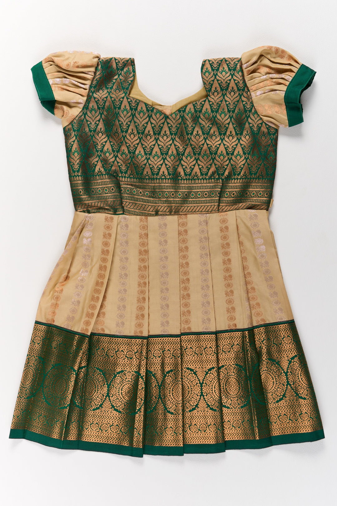 The Nesavu Girls Kanchi Silk Frock Elegant Cream and Green Pattu Pavadai for Girls with Traditional Zari Accents Nesavu Elegant Cream Green Pattu Pavadai Girls Traditional Zari Accents | The Nesavu