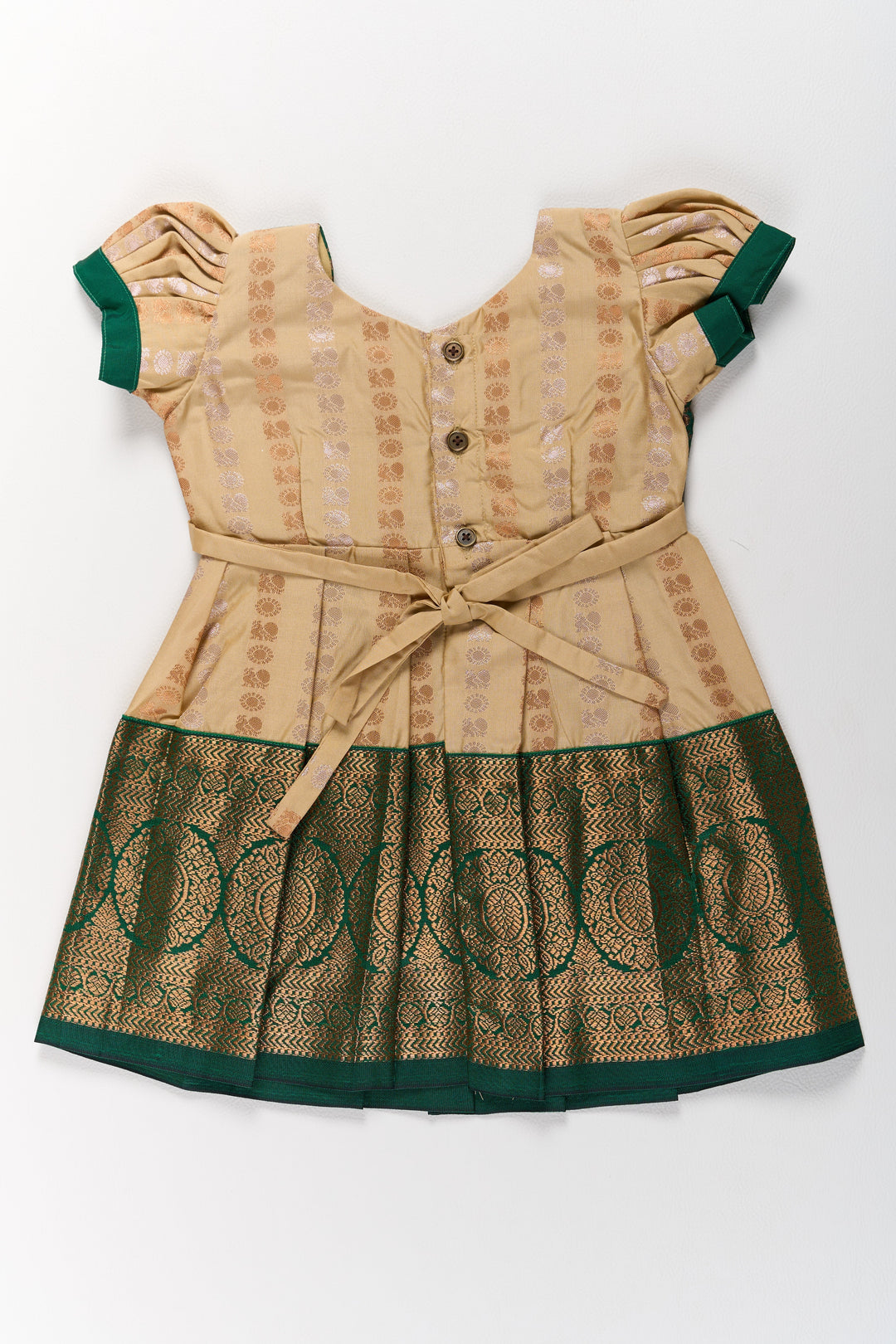 The Nesavu Girls Kanchi Silk Frock Elegant Cream and Green Pattu Pavadai for Girls with Traditional Zari Accents Nesavu Elegant Cream Green Pattu Pavadai Girls Traditional Zari Accents | The Nesavu