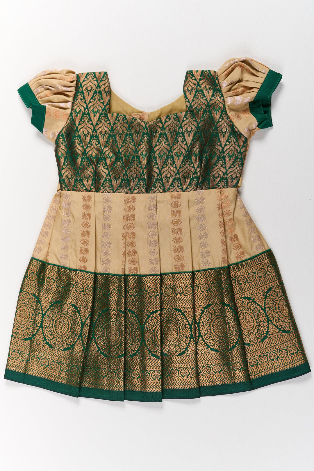 The Nesavu Girls Kanchi Silk Frock Elegant Cream and Green Pattu Pavadai for Girls with Traditional Zari Accents Nesavu Elegant Cream Green Pattu Pavadai Girls Traditional Zari Accents | The Nesavu