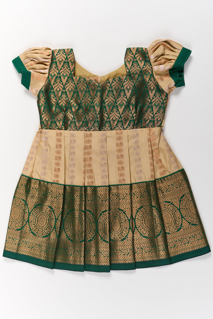 The Nesavu Girls Kanchi Silk Frock Elegant Cream and Green Pattu Pavadai for Girls with Traditional Zari Accents Nesavu Elegant Cream Green Pattu Pavadai Girls Traditional Zari Accents | The Nesavu
