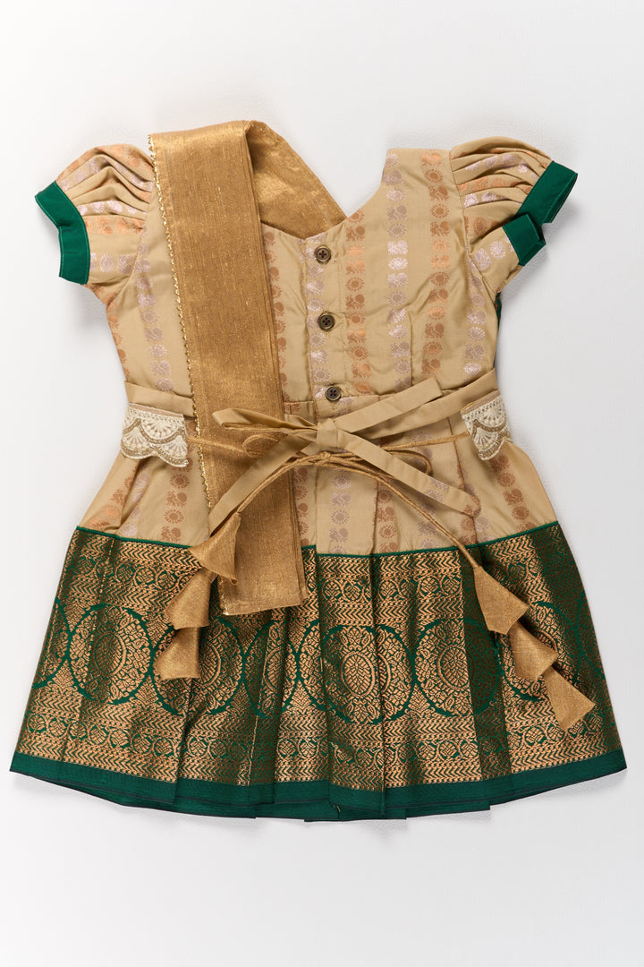 The Nesavu Girls Kanchi Silk Frock Elegant Cream and Green Pattu Pavadai for Girls with Traditional Zari Accents Nesavu Elegant Cream Green Pattu Pavadai Girls Traditional Zari Accents | The Nesavu