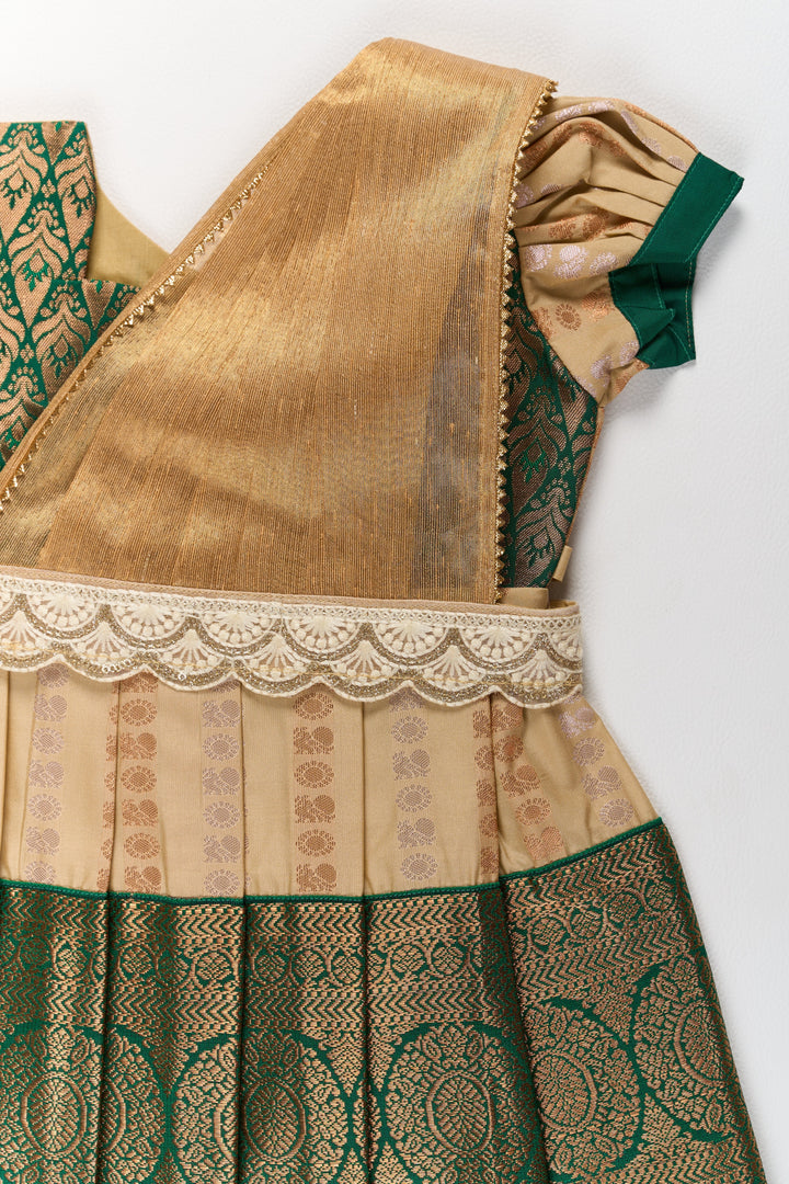 The Nesavu Girls Kanchi Silk Frock Elegant Cream and Green Pattu Pavadai for Girls with Traditional Zari Accents Nesavu Elegant Cream Green Pattu Pavadai Girls Traditional Zari Accents | The Nesavu