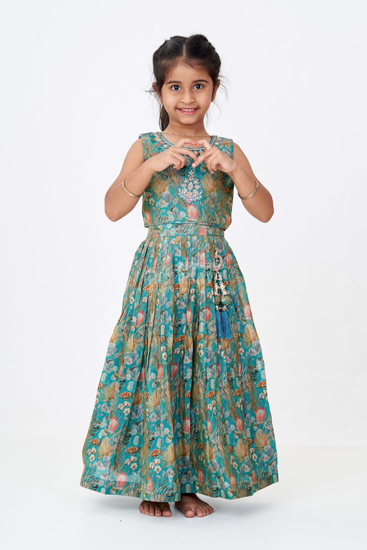 The Nesavu Girls Lehenga Choli Elegant Digital Print Lehenga for Girls with Shimmering Fabric and Embellished Choli Nesavu 16 (1Y) / Green GL590A-16 Elegant Digital Print Lehenga Girls Shimmering Fabric Embellished Choli | The Nesavu