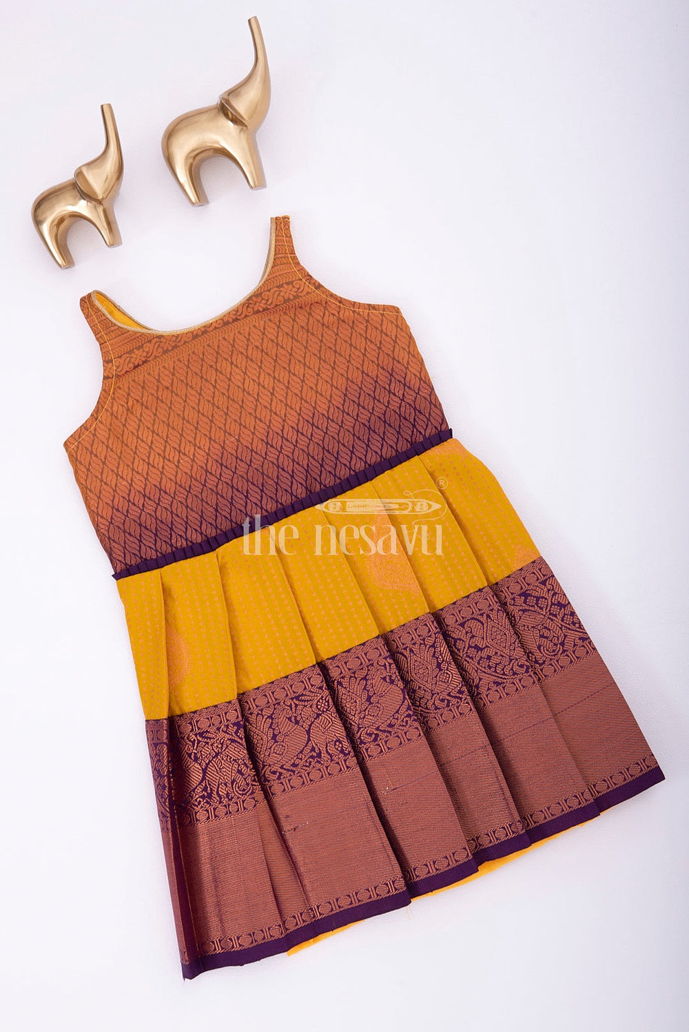 The Nesavu Girls Kanchi Silk Frock Elegant Diwali Dress for Girls with Semi Kanjivaram Silk Saree Nesavu Nesavu Diwali Dress for Girls - Semi Kanjivaram Silk Saree Frock for Festive & Wedding Wear