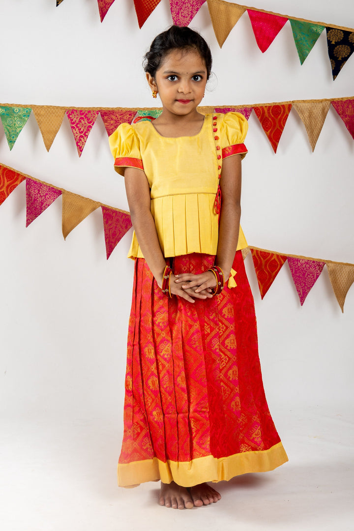 The Nesavu Pattu Pavadai Elegant Double Shaded Silk Skirt With Latest Designer Blouse For Girls Nesavu 14 (6M) / Red / Jacquard GPP236-14 Latest Designer Pattu Pavadai For Onam | Peplum Blouse Patterns | The Nesavu