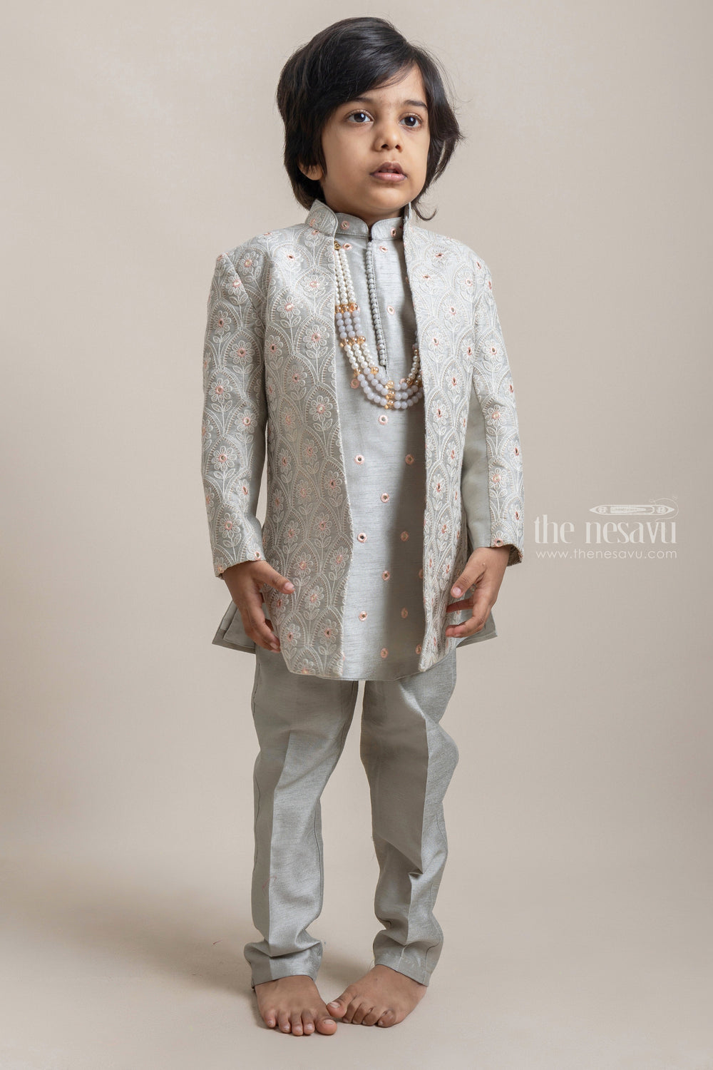 The Nesavu Boys Sherwani Elegant Ethnic Lime Green Embroidered Silk Kurta N Pant With Embellished Coat For Boys Nesavu Perfect Your Little Boy's Ethnic Look with The Nesavu | Trendy Boys Dresses | The Nesavu