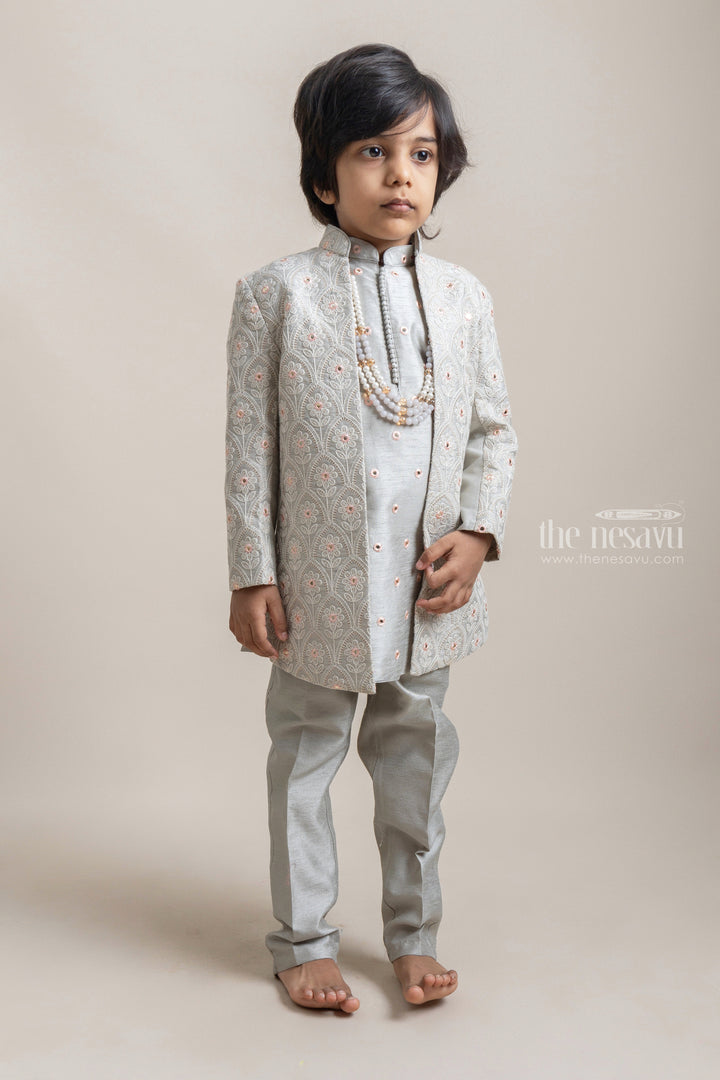 Elegant Ethnic Lime Green Embroidered Silk Kurta N Pant With Embellished Coat For Boys