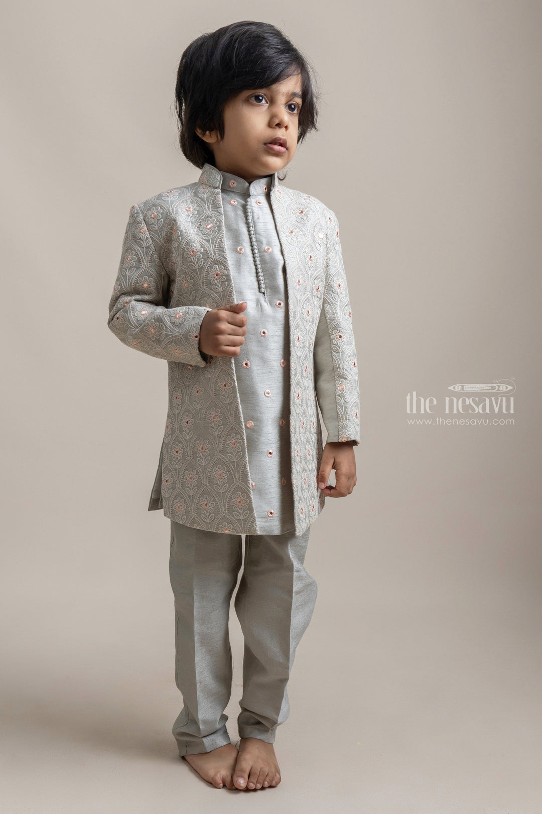 Elegant Ethnic Lime Green Embroidered Silk Kurta N Pant With Embellished Coat For Boys