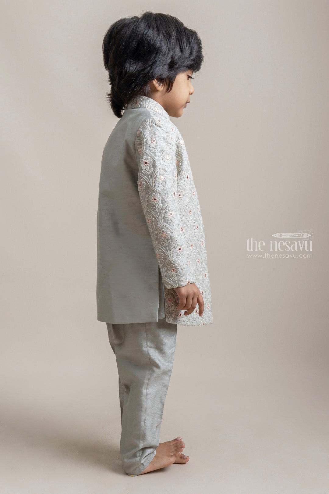 Elegant Ethnic Lime Green Embroidered Silk Kurta N Pant With Embellished Coat For Boys