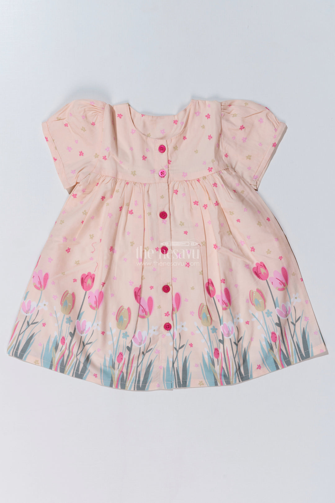 The Nesavu Baby Cotton Frocks Elegant Ethnic Wear for Reception for Baby Girls with Tulip Prints and Stylish Fit Nesavu 10 (NB) / Pink BFJ733B-10 Elegant Ethnic Wear Reception Baby Girls Tulip Prints Stylish Fit | The Nesavu