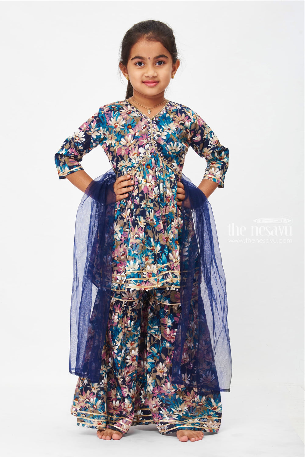 The Nesavu Girls Sharara / Plazo Set Elegant Floral Kurti with Gharara Pant and Dupatta Set for Girls Nesavu 16 (1Y) / Black / Modal Chanderi GPS244A-16 Festive Gharara Collection for Kids | Elegant Gharara Dresses for Kids | The Nesavu