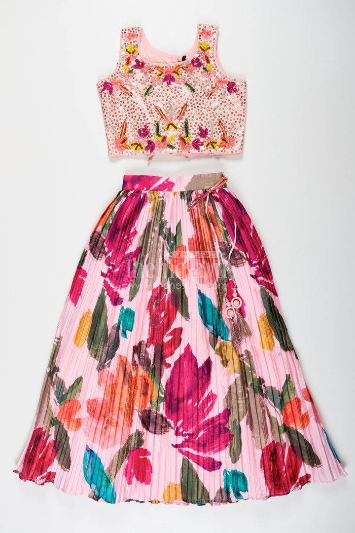 The Nesavu Girls Lehenga Choli Elegant Floral Lehenga for Girls in Chinon Silk with Digital Print and Embroidered Choli Nesavu Nesavu Floral Lehenga Girls Chinon Silk Digital Print Embroidered Choli