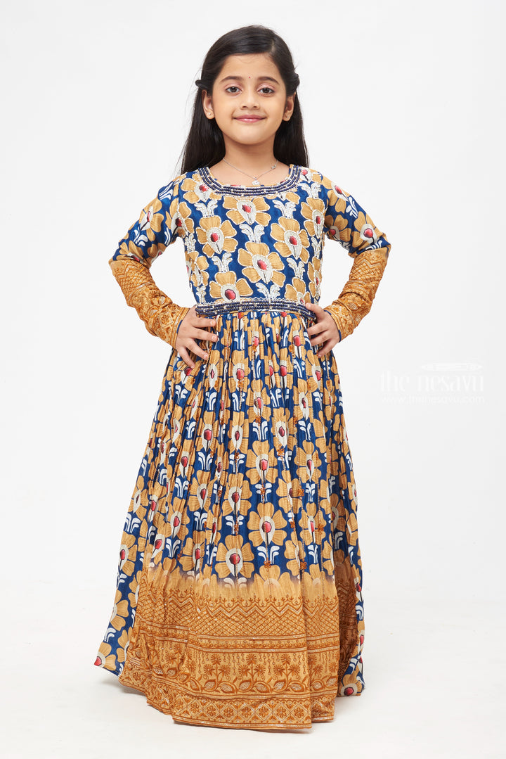 The Nesavu Girls Party Gown Elegant Floral Motif Navy Blue and Mustard Anarkali Gown for Girls- Festive Anarkali Dresses Nesavu 18 (2Y) / Yellow / Chinnon GA151A-18 Ethnic Anarkali Dresses Online Shopping | Anarkali Dress Shopping Near Me | The Nesavu