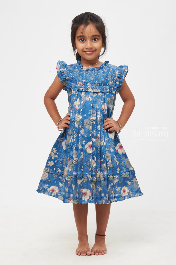 The Nesavu Girls Cotton Frock Elegant Floral-Printed Blue Frock with Pleats for Girls Nesavu 22 (4Y) / Blue / Silk Blend GFC1163A-22 Captivating Floral-Printed Blue Frock for Girls | Nature-inspired Elegance | The Nesavu