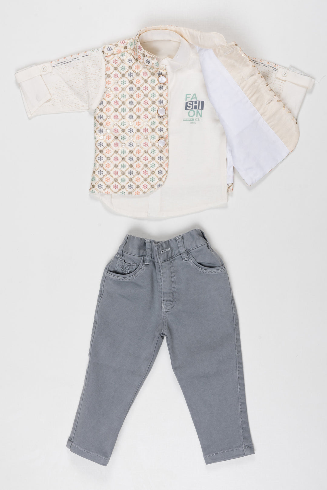 The Nesavu Boys Jacket Sets Elegant Floral Vest and Grey Trousers Ensemble for Children Nesavu Children’s Stylish Floral Vest Outfit Set | Grey Trousers  White Shirt | The Nesavu