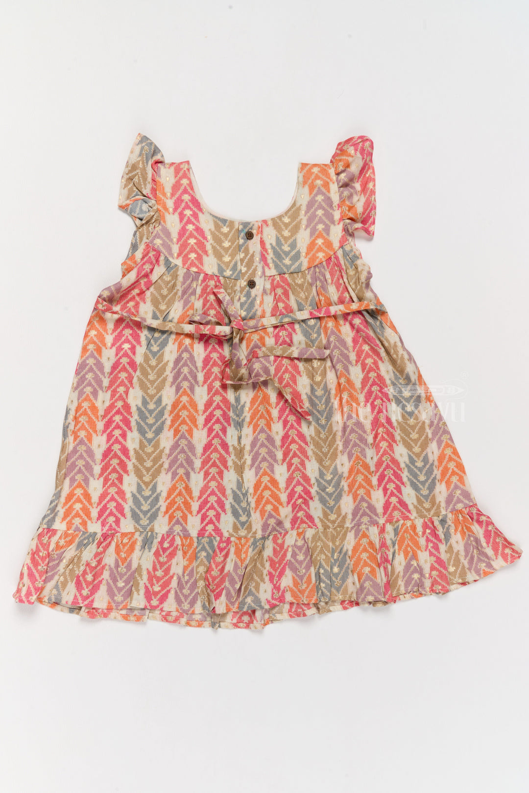 The Nesavu Girls Cotton Frock Elegant Girls Cotton Chikan Dress with Vibrant Chevron Print and Intricate Lace Details Nesavu Girls Cotton Chikan Dress Vibrant Chevron Print Lace Yoke Ruffle Details | The Nesavu