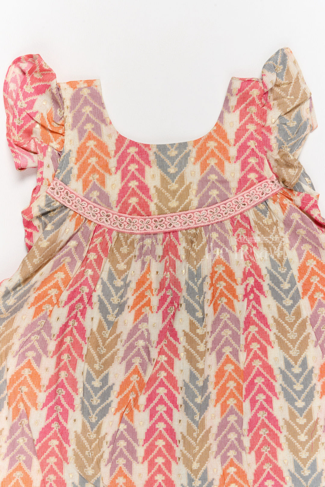 The Nesavu Girls Cotton Frock Elegant Girls Cotton Chikan Dress with Vibrant Chevron Print and Intricate Lace Details Nesavu Girls Cotton Chikan Dress Vibrant Chevron Print Lace Yoke Ruffle Details | The Nesavu