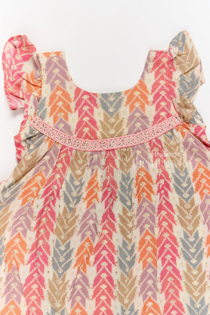 The Nesavu Girls Cotton Frock Elegant Girls Cotton Chikan Dress with Vibrant Chevron Print and Intricate Lace Details Nesavu Girls Cotton Chikan Dress Vibrant Chevron Print Lace Yoke Ruffle Details | The Nesavu