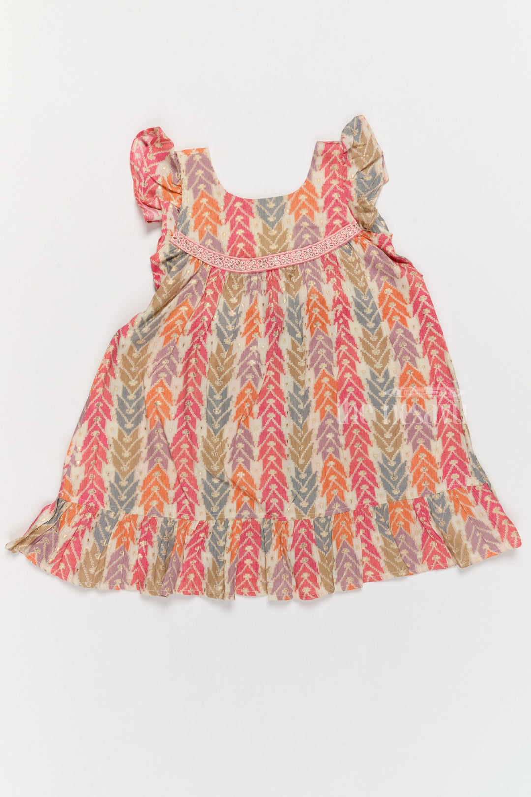 The Nesavu Girls Cotton Frock Elegant Girls Cotton Chikan Dress with Vibrant Chevron Print and Intricate Lace Details Nesavu Girls Cotton Chikan Dress Vibrant Chevron Print Lace Yoke Ruffle Details | The Nesavu