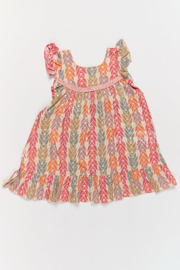 The Nesavu Girls Cotton Frock Elegant Girls Cotton Chikan Dress with Vibrant Chevron Print and Intricate Lace Details Nesavu Girls Cotton Chikan Dress Vibrant Chevron Print Lace Yoke Ruffle Details | The Nesavu