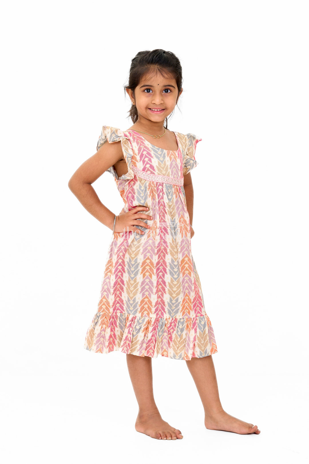 The Nesavu Girls Cotton Frock Elegant Girls Cotton Chikan Dress with Vibrant Chevron Print and Intricate Lace Details Nesavu Girls Cotton Chikan Dress Vibrant Chevron Print Lace Yoke Ruffle Details | The Nesavu