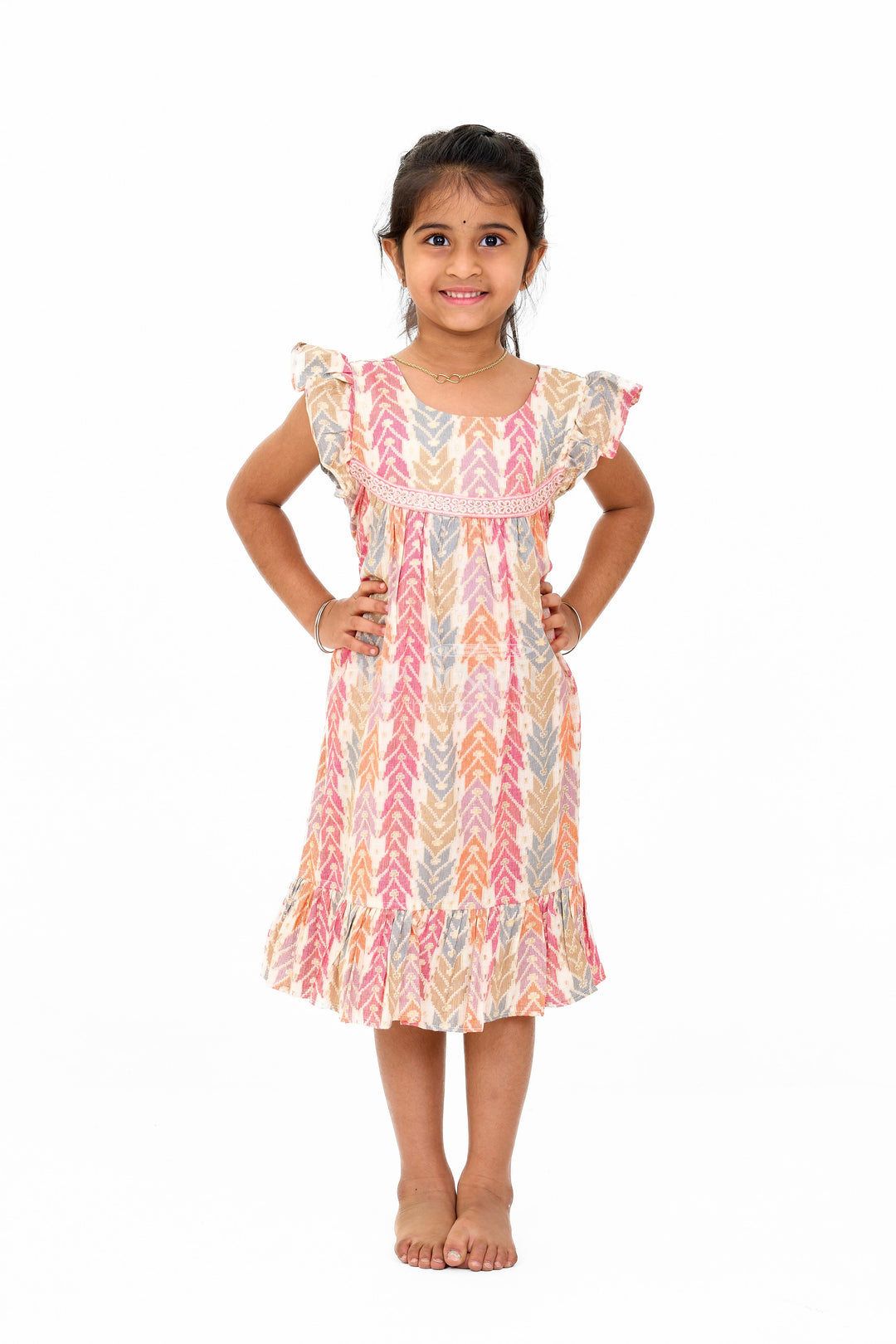 The Nesavu Girls Cotton Frock Elegant Girls Cotton Chikan Dress with Vibrant Chevron Print and Intricate Lace Details Nesavu Girls Cotton Chikan Dress Vibrant Chevron Print Lace Yoke Ruffle Details | The Nesavu