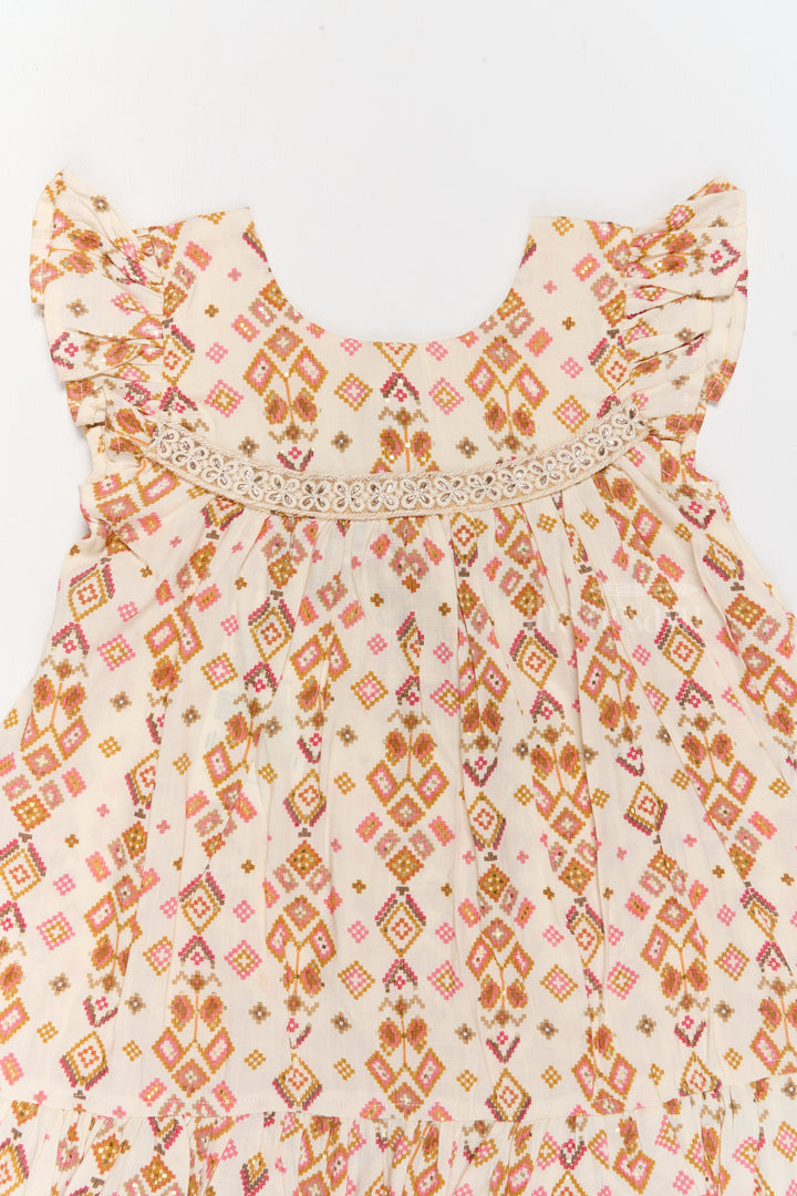 The Nesavu Girls Cotton Frock Elegant Girls Cotton Dress Fashion with Geometric Print and Delicate Lace Design Nesavu Girls Cotton Dress Fashion Geometric Print Lace Yoke Playful Ruffles | The Nesavu