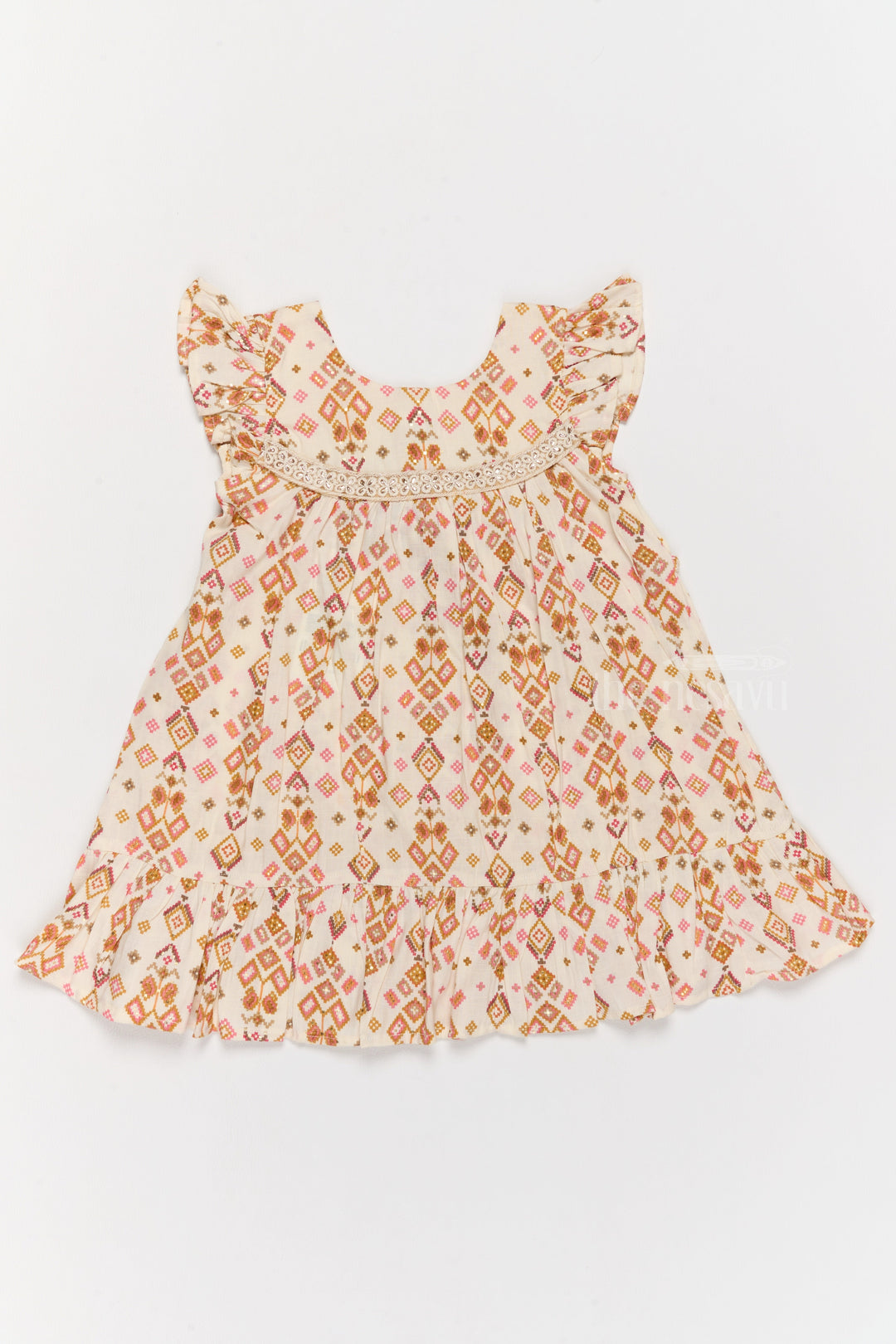 The Nesavu Girls Cotton Frock Elegant Girls Cotton Dress Fashion with Geometric Print and Delicate Lace Design Nesavu Girls Cotton Dress Fashion Geometric Print Lace Yoke Playful Ruffles | The Nesavu