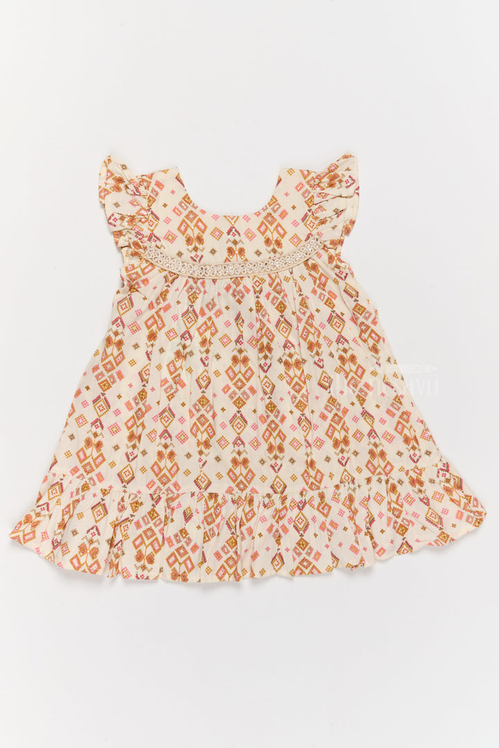 The Nesavu Girls Cotton Frock Elegant Girls Cotton Dress Fashion with Geometric Print and Delicate Lace Design Nesavu Girls Cotton Dress Fashion Geometric Print Lace Yoke Playful Ruffles | The Nesavu